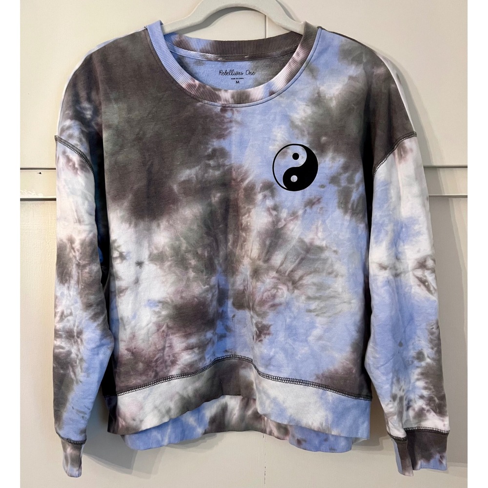 Rebellious One Tie Dye Yin Yang Sweatshirt Womens Medium Blue Grey Pullover